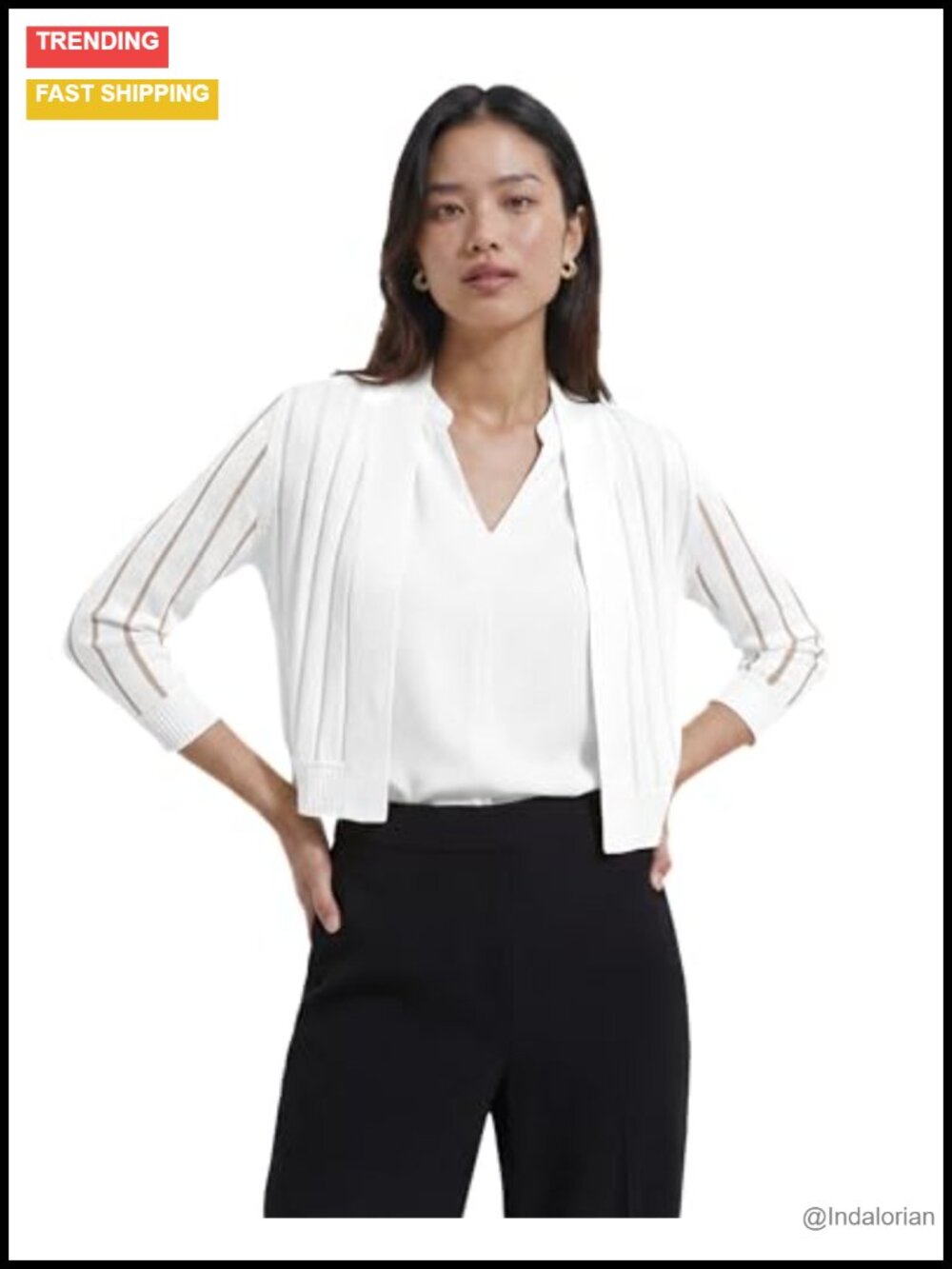 Women's 3/4 Sleeve Chiffon Sheer Stripe Shrug Cardigan Lightweight Knit